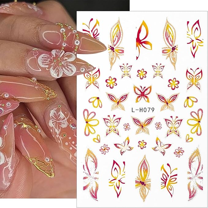 6Pcs Flower Nail Art Stickers 3D Glitter Hibiscus Nail Decals Pink Yellow Green Floral Nail Design Stickers French Tip Nail Art Sticker Spring Butterfly Nail Decoration Supplies for Women Manicure