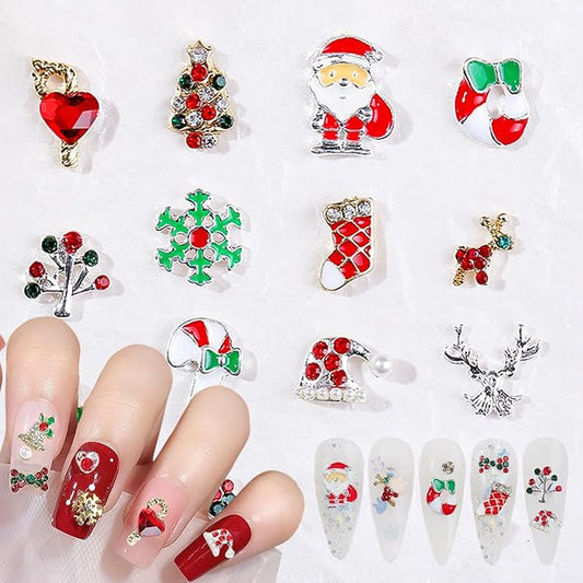 30Pcs Christmas Nail Charms and Gems 3D Metal Snowflakes Elk Candy Nail Jewelry Rhinestone Supply Winter Christmas Tree Socks Santa Claus Nail Art Charms for Women DIY Xmas Nails Decoration Supply