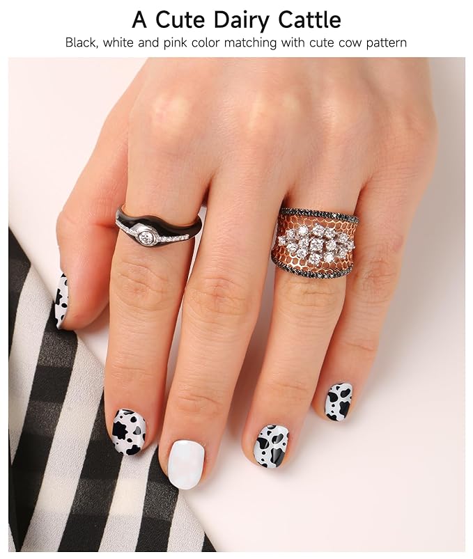 Semi Cured Gel Nail Strips (Cute Dairy Cattle), 28 pcs UV Cow Gel Nail Stickers for Women Work with Any UV Lamps, Salon Quality Nails Wraps for Home DIY Nails Art
