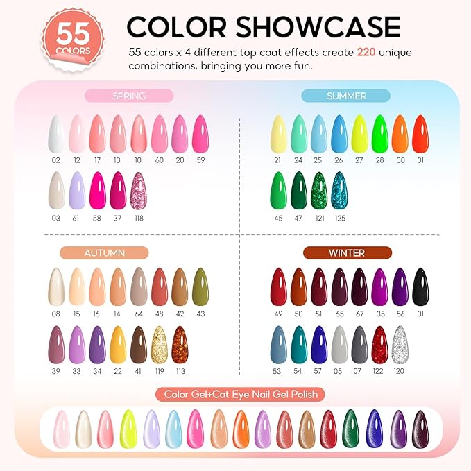 Peacecolor 83Pcs Gel Nail Polish Kit with U V Light and Drill, 56 Colors All Seasons Soak Off Gel Polish Set Cat Eye Gel with Matte/Glossy Glitter Base Top Coat Manicure Nail Kit Gifts for Women Girls