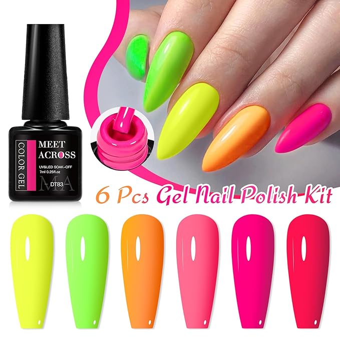 MEET ACROSS Neon Gel Nail Polish Set, Fluorescent Hot Pink Yellow Green Red Spring Summer Nail Polish Kit LED UV Gel Nail Polish Starter Manicure Salon DIY Nail Gel Polish 6 Colors