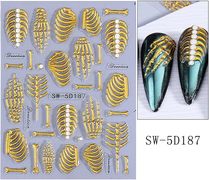 Halloween Nail Stickers Gold Finger Bones Nail Decals 5D Embossed Nail Supplies Rose Gold Bone Skeleton Nail Art Stickers for Acrylic Nails for Women DIY Manicure Decorations 2PCS