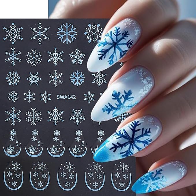 Snowflake Nail Stickers Christmas Nail Art Stickers French Tips Nail Decals Gold White Blue Mixed Shape Snowflake Design Winter Nail Sticker for Nail Art Women DIY Manicure Decoration 6 Sheets