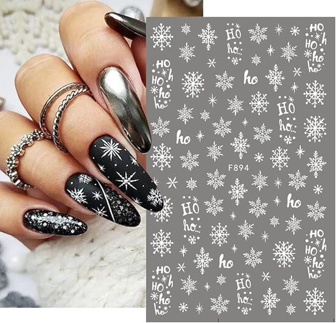 8Sheets Snowflake Nail Art Stickers 3D Xmas Nail Decals White Glitter Snow Nail Design Cartoon Elk Snowflake Snowman Bell Reindeer Sticker Foil Manicure Winter New Year Christmas Nail Decoration