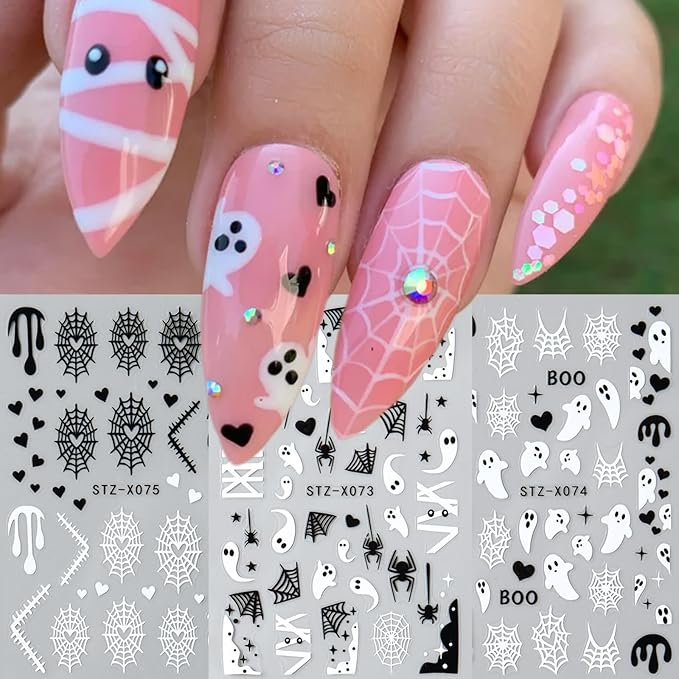 6pcs Ghost Halloween Nails Stickers with Tweezers Heart Spider Web Blood Dripping Spiders Boo Cute Ghost Goth Nails Decals Halloween Art Party Nail Supplies for Women DIY Nail Charms Decorations