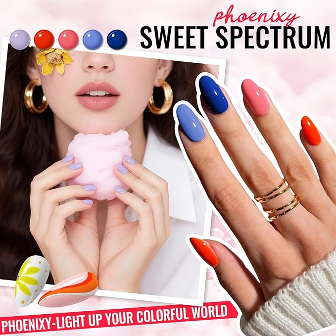 phoenixy 50 Pcs Gel Nail Polish Set, 42 Colors Gel Polish with Base Coat & 4 Effects Top Coat Pink Purple Blue Yellow Gel Polish Kit Nail Starter Set Gifts for Women Girls