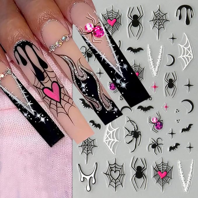6pcs/Set Halloween Ghost 3D Nail Sticker Pink Heart Spider Web Black Stars Moon Love Spider Skull Cartoon Nail Art Stickers Designs French Manicure DIY Cute Holiday Nail Art Decoration Charms