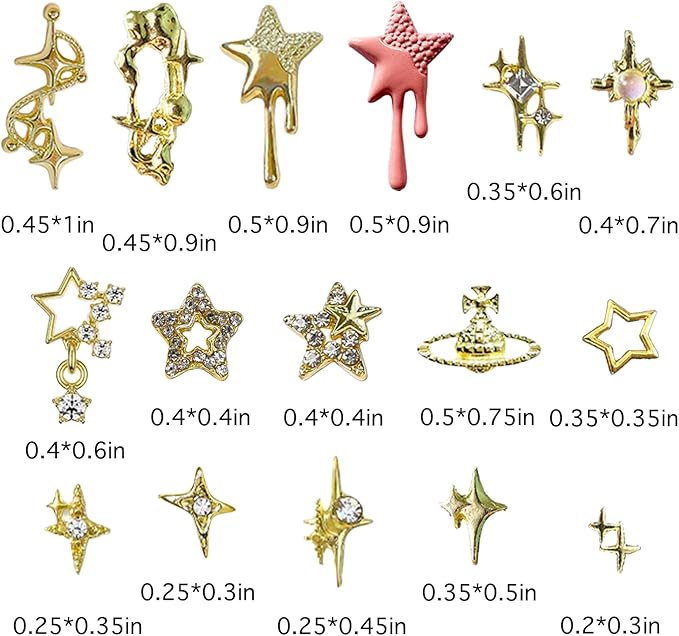 124PCS Star 3D Nail Charms for Acrylic Nails, Gold Alloy Nail Gems Starburst Nail Accessories, Nail Rhinestones for Nail Art Supplies Manicure Craft DIY