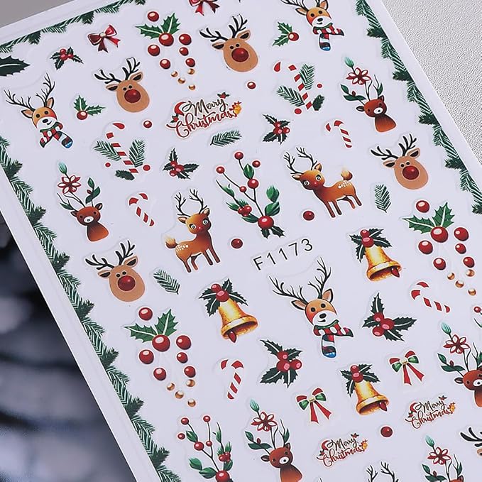 Christmas Nail Art Stickers 3D Deer Holly Bell Christmas Nail Stickers 6PCS Santa Claus Xmas Tree Snowman Snowy Tree Design 3D Self-Adhesive Xmas Nail Decals Nail Art Supplies for Women DIY Nail Salon