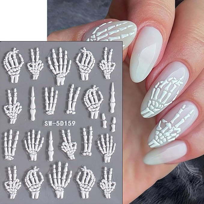 3 Sheets Embossed Halloween Nail Art Stickers Decals Gold Pink White Self-Adhesive Nail Stickers Design 5D Horror Bone Skull Hand Nail Decals for Women DIY Manicure Halloween Party Nails Decoration