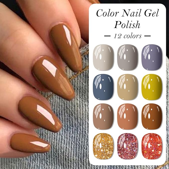MEET ACROSS 12PCS Gel Nail Polish Set, 12 Colors Gel Nail Kit Art Design Soak Off UV LED,Nail Art Design Gifts for Women (Fall-2, 12PCS)
