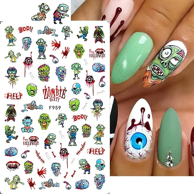 8 Sheets Halloween Nail Art Stickers 3D Punk Goth Nail Decals Evil Skull Rose Snake Nail Designs Sticker Self-Adhesive Halloween Nail Art Supplies Horror Zombie Nail Decorations for Women Manicure