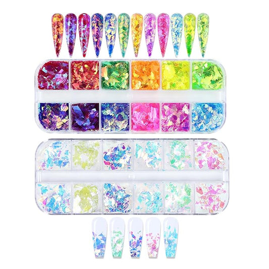 24-Color Mermaid Nail Glitter & Sequins - Irregular Fluorescent Holographic Nail Stickers for DIY Makeup Decoration