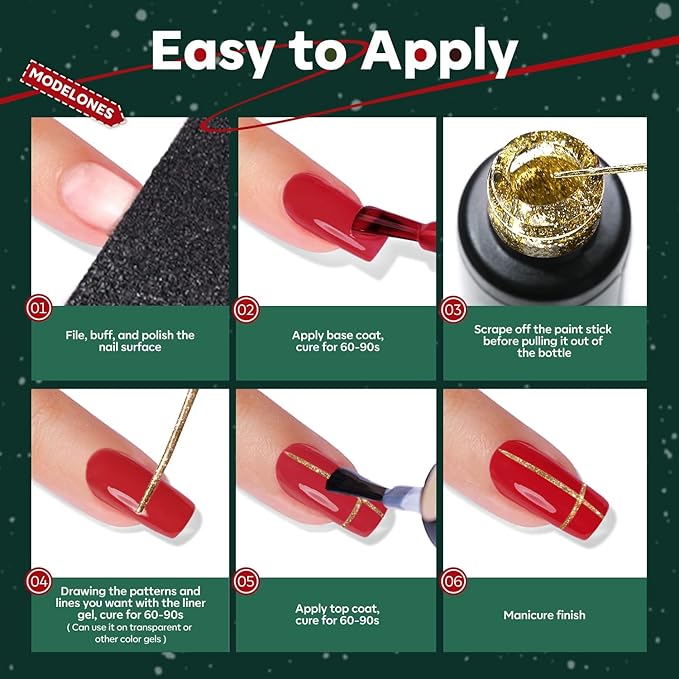 modelones 6 Color Christmas Gel Polish Nail Art Liner Set White Red Green Brown Glod Silver Glitter Sparkle for French Tip Swirl Nails with Thin Brush Soak Off Winter Holiday Manicure Gift for Women