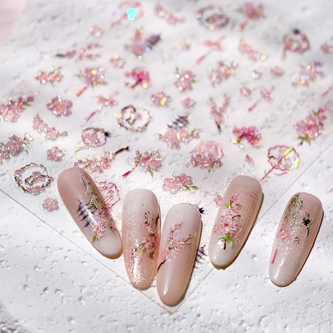 5D Embossed Flower Nail Art Stickers Self Adhesive Sakura Nails Decals Pink Flower Nail Stickers Spring Cherry Blossoms Nails Design Sticker Laser Peach Blossom Floral Manicure Supplies for Women 1Pcs