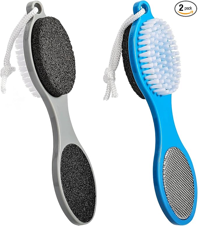 Pumice Stone Brush for Feet 4 in 1, Foot File Callus Remover, Foot Rasp and Sand Paper Pedicure Tools with Handle, Shower Foot Scrubber, Soft Smooth Feet for Home Foot Care,2 Pack