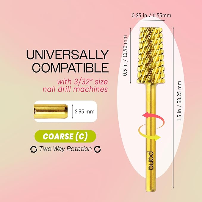 Premium Pana 3/32" Tapered Barrel Carbide Nail Bit -For Electric Dremel Drill Machine, Nail Art Design, Manicure, Pedicure, Nail File, Cuticle Clean etc. (Coarse Grit- Gold)