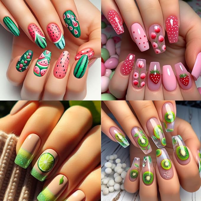 6 Sheets Colorful Fruit Nails Art Stickers Summer Nails Stickers 3D Self Adhesive Fruit Nail Decals Cute Fruits Watermelon Strawberry Cherry Nail Design Nail Art Supplies for Women Nail Decorations
