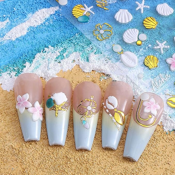 5D Embossed Beach Nail Art Stickers, 4 Pack, White Gold Shell Starfish Design, Self-Adhesive Ocean Theme Decals for Summer Manicure Decoration
