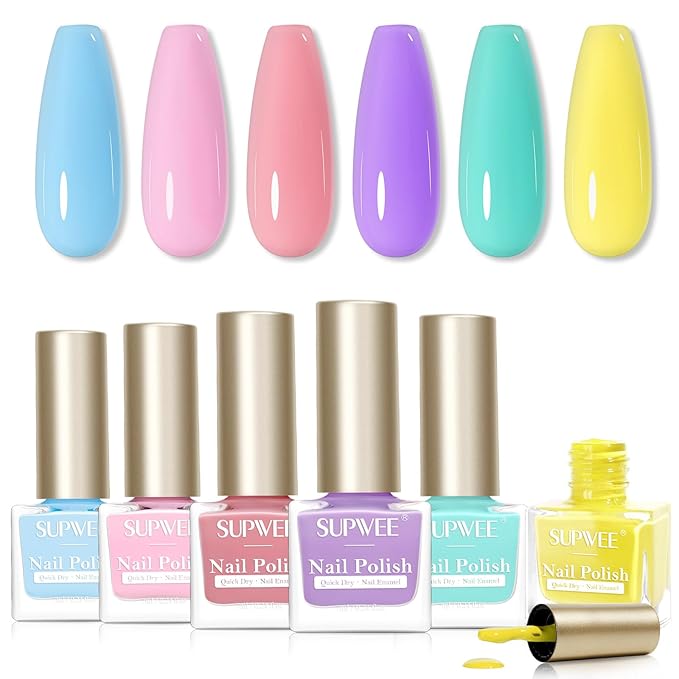 Pastel Nail Polish Set Non Gel, Quick Dry Macaron Nail Polish Spring Summer Color Air Fast Drying Fingernail Lacquer Manicure DIY Salon Gift(Pink Red Yellow Purple Blue Green Colors)