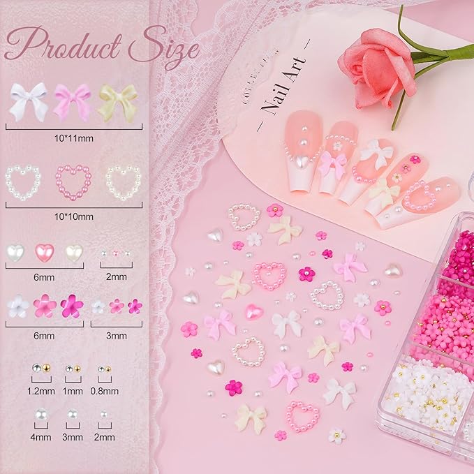 3D Nail Charms and Gems Set 8 with Rhinestone Glue, 20PCS Chunky Butterfly Charms + 75PCS Coquette Nail Bows and Hearts + 3D Flowers with Crystals, Pearls, Diamonds and Picker Tools for Y2K Nail Decor