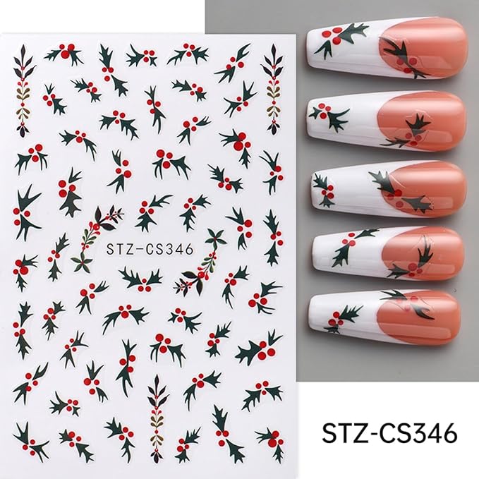 Christmas Nail Art Stickers Green Nail Decals with Green Leaves Red Beans Design 3D Self-Adhesive Nail Stickers Acrylic Accessories Nail Supplies for Women DIY Christmas Decorations 4 Sheets