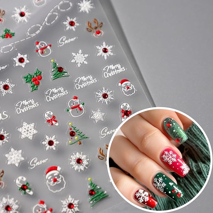 Christmas Nail Art Stickers Decals 5D Embossed Cute Santa Claus Snowman Nail Stickers Self-Adhesive Winter Snowflake Nail Decal with Red Rhinestones Charms Designs Nail Sticker for Women Nails Decor