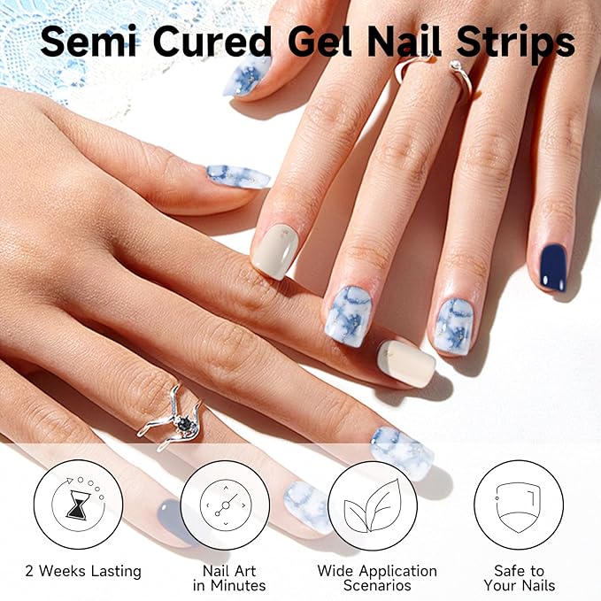 Semi Cured Gel Nail Strips (Dark Blue), 28 pcs Gel Nail Stickers, Work with Any UV Lights, Long-Lasting NailWraps for Women Art DIY, Salon-Quality, Easy to Apply & Remove