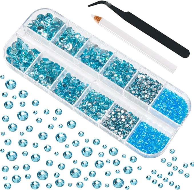 4010Pcs Aquamarine Rhinestones Lake Blue Nail Rhinestones for Makeup K9 Glass 6 Sizes (1.6-6mm) to SS30 Round Flatback Water Blue Nail Gems Stones Jewels Non-Hotfix Nail Charms for Nails Eyes Face etc