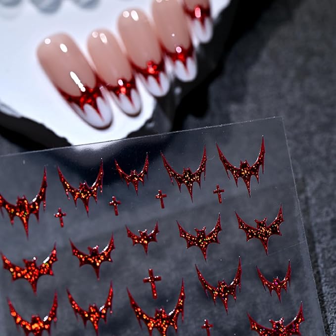 Halloween Nail Stickers Bat Nail Art Decals Red Bronzing Self-adhesive Nail Stickers Shiny Bat Nail Art Supplies French Tip Manicure Decals Cute Halloween Nails Accessories for Women Nails Decorations