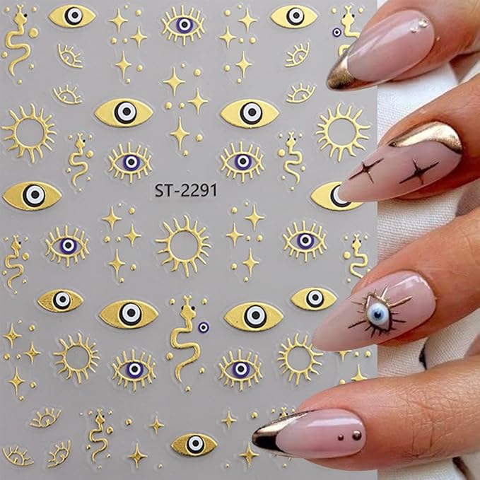 6Pcs Eye Nail Stickers Decals 3D Self Adhesive Goth Nails Decals Gold Silver Sun Star Nail Art Stickers Metallic Snake Nails Art Supplies Horror Eye Gothic Design Sticker for Women Manicure Decoration