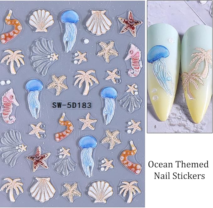 2 Sheets Summer Nail Art Stickers Decals 5D Embossed Ocean Theme Nail Stickers Shells Jellyfish Starfish Design Summer Nails Adhesive Decals Manicure Supply for Women DIY Nail Decorations