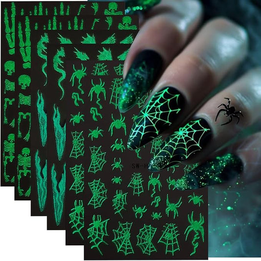 Halloween Luminous Nail Art Stickers Spider Web Skeleton Nail Deals 6PCS 3D Self-Adhesive Fantasy Bone Spider Dragon Glow in The Dark Design Halloween Nail Stickers for Women DIY Nail Art Decorations
