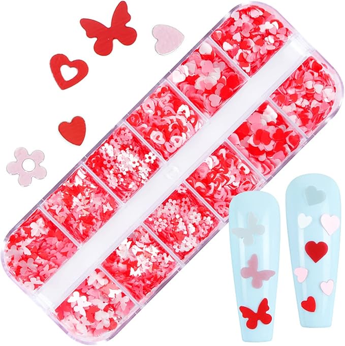 Pink Glitter 3D Sequins, Holographic Love Heart Flowers, Butterfly Nail Art Designs for Women, DIY Resin Tips, Confetti Nails Kit