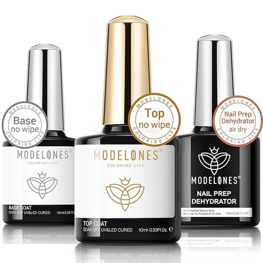 modelones Gel Base and Top Coat with Nail Dehydrator Set No Wipe Diamond Super Shiny Top Coat Nail Art Prep Kit