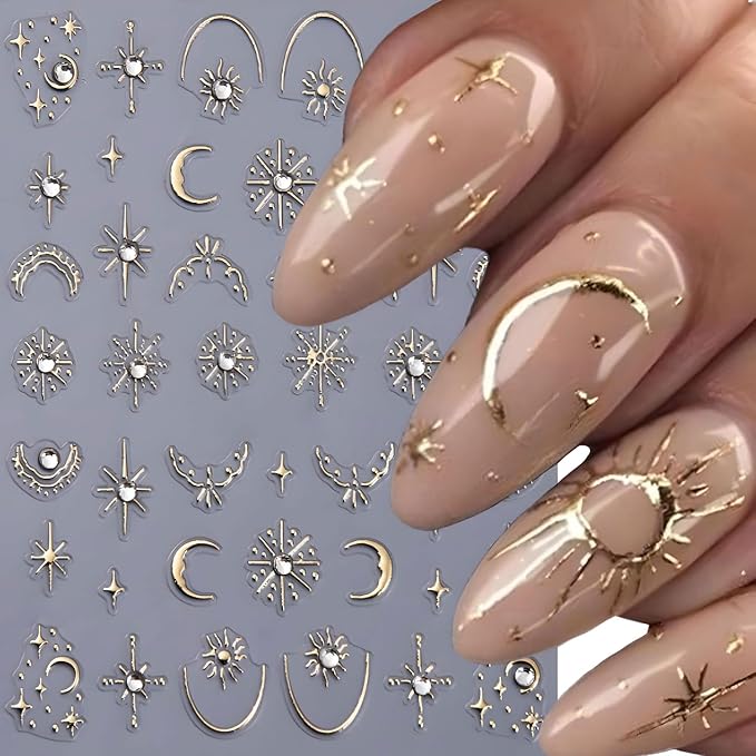 Gold Star Nail Art Stickers Decals Moon Nail Decals 5D Embossed Glitter Rhinestones Nails Design Stickers Gold Nails Supplies for Women Nail Art Decorations