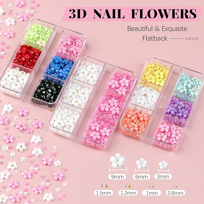 3D Flowers for Nails, Colorful Acrylic Flower Nail Charms with Caviar Beads, Rhinestones for Nails 3D Nail Charms for Acrylic Nails with Pickup & Dotting Tools for Manicure DIY Nail Art Decor
