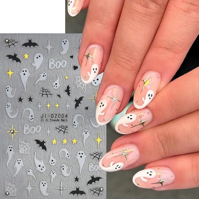 Halloween Nail Stickers for Nail Art - 6 Sheets Pink White Ghost Spider Web 3D Self-Adhesive Design With Rhinestones Charms