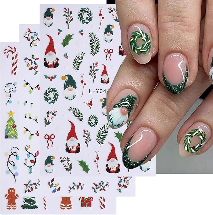 3 Sheets Christmas Nail Art Stickers Santa Claus Nail Decals with Xmas Tree Colored Light Design 3D Self-Adhesive Glowing Nail Stickers Acrylic Nail Supplies for Women DIY Christmas Decorations