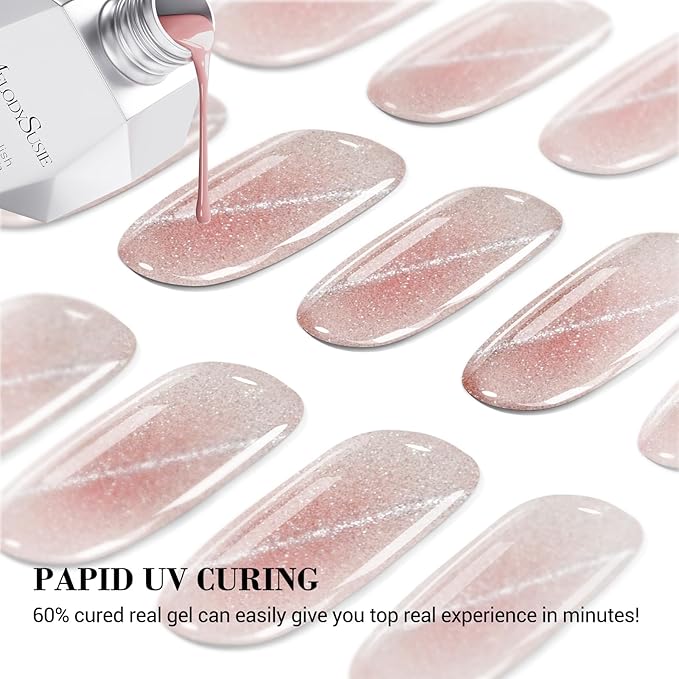MelodySusie Semi Cured Gel Nail Strips (Blush Cat Eye)- Works with Nail lamp, Salon-Quality, Long Lasting, Easy to Apply & Remove - Includes 20Pcs, 2 Prep Pads, Nail File & Wooden Stick