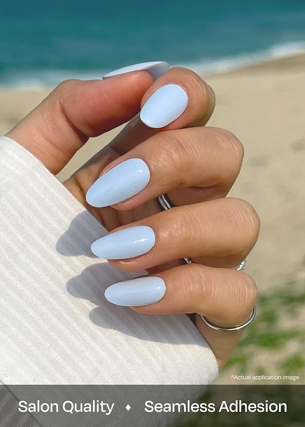 ohora Semi Cured Gel Nail Strips (N Greyish Blue) - Works with Any Lamps, Salon-Quality, Long Lasting, Easy to Apply & Remove - Includes 2 Prep Pads, Nail File & Wooden Stick
