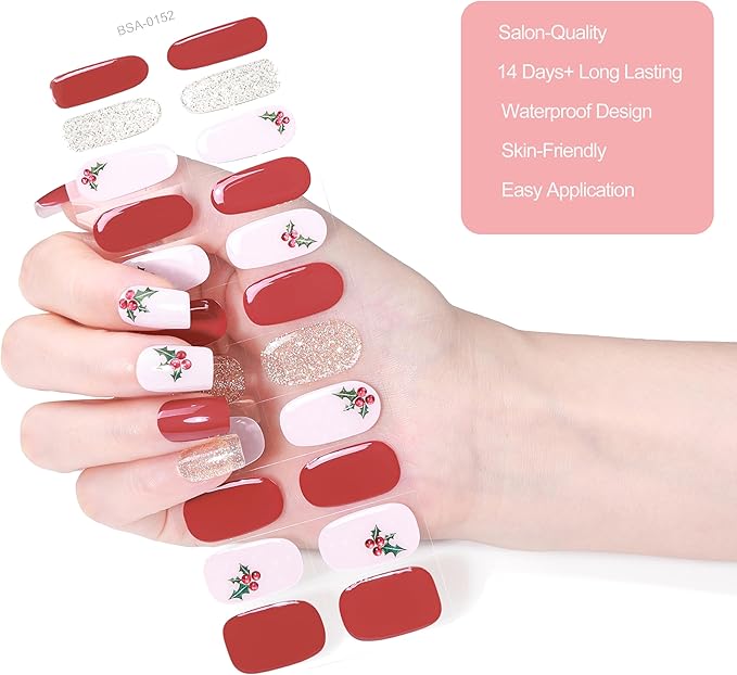 No Lamp Gel Nail Strips 44 Pcs Wraps - White Red + Maple Orange, Easy Apply Gel Nail Stickers Long Lasting, Salon-Quality, 4 Prep Pads, 2 File, 2 Wooden Stick
