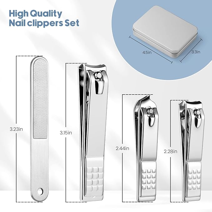 4PCS Professional Nail Clippers Set, Toenail Clippers & Fingernails & Nail File, Silver Nail Cutter, Sharpest Thick Toenail & Ingrown Nail Clipper Set, Best Travel or Home use for Men and Women