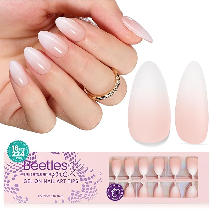 Beetles Ombre Short Almond Press on Nails 224 Pcs Gel Nail Tips, Pink Press ons Pre-applied Primer & Base Coat Glue on Nail Tips, No Need to File Fake Nails DIY Nails Gifts for Women