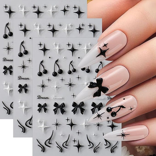 3 Sheets Goth Nail Stickers for Nail Art 5D Punk Style Black Bow Nail Art Stickers Black Star Cherry Nail Decals Self-Adhesive Nails Supplies Dark Style Star Bow Nail Decoration for Women DIY Manicure