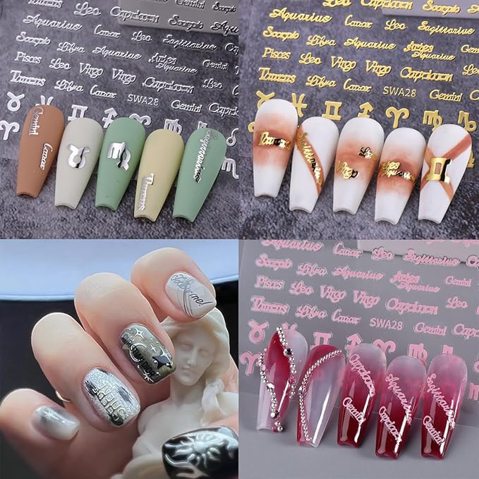 6Pcs Constellation Nail Art Stickers 3D English Letters Nail Stickers for Nail Art Decoration Self-Adhesive 12 Constellations English Nail Design Supplies Gold Silver Pink French Nail Decals for Women