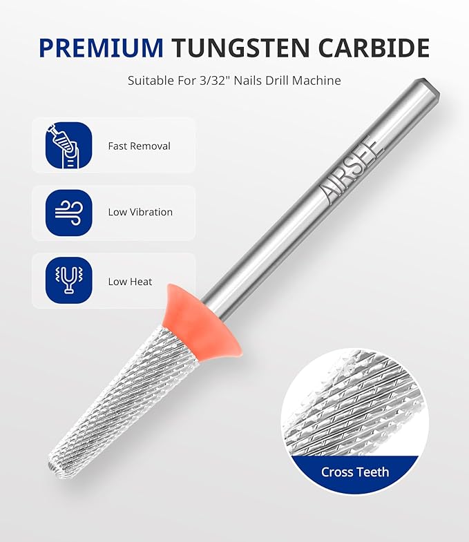 AIRSEE Tungsten Carbide Acrylic Nail Drill Bit Efile Electric File Machine Head Tip for Manicure Polishing Art Remove Gel 3/32" 2 Way Safety Use Ball Top Tapered Bit Cone Shape Fine-F
