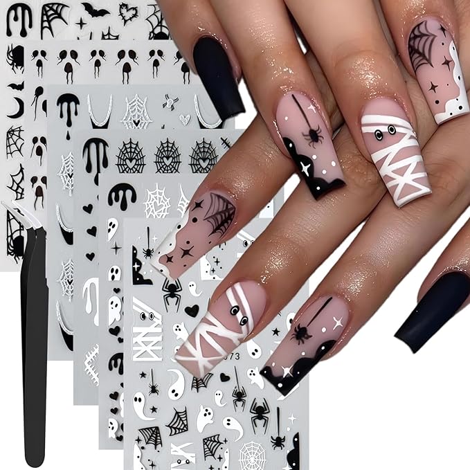 6pcs Ghost Halloween Nails Stickers with Tweezers Heart Spider Web Blood Dripping Spiders Boo Cute Ghost Goth Nails Decals Halloween Art Party Nail Supplies for Women DIY Nail Charms Decorations