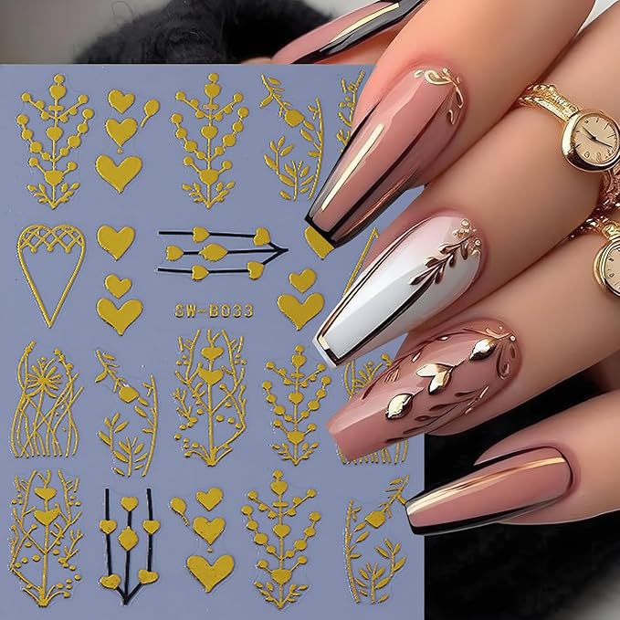 Fall Nail Art Stickers for Thanksgiving, Rose Gold Tree Nail Decals 3D Self-Adhesive with Leaves Heart Design 4Pcs Gold Leaves Tree Heart Nail Art Supplies for Women Nail Decoration
