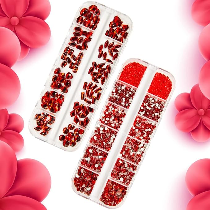 4080Pcs Red Nail Rhinestones Multi Shapes Ruby Rhinestones for Nails 1.5-4mm Crystal Gems Siam Red Round Flatback Beads Glass Stones Diamonds jewels Charms for Nails Face Eyes Makeup DIY Crafts